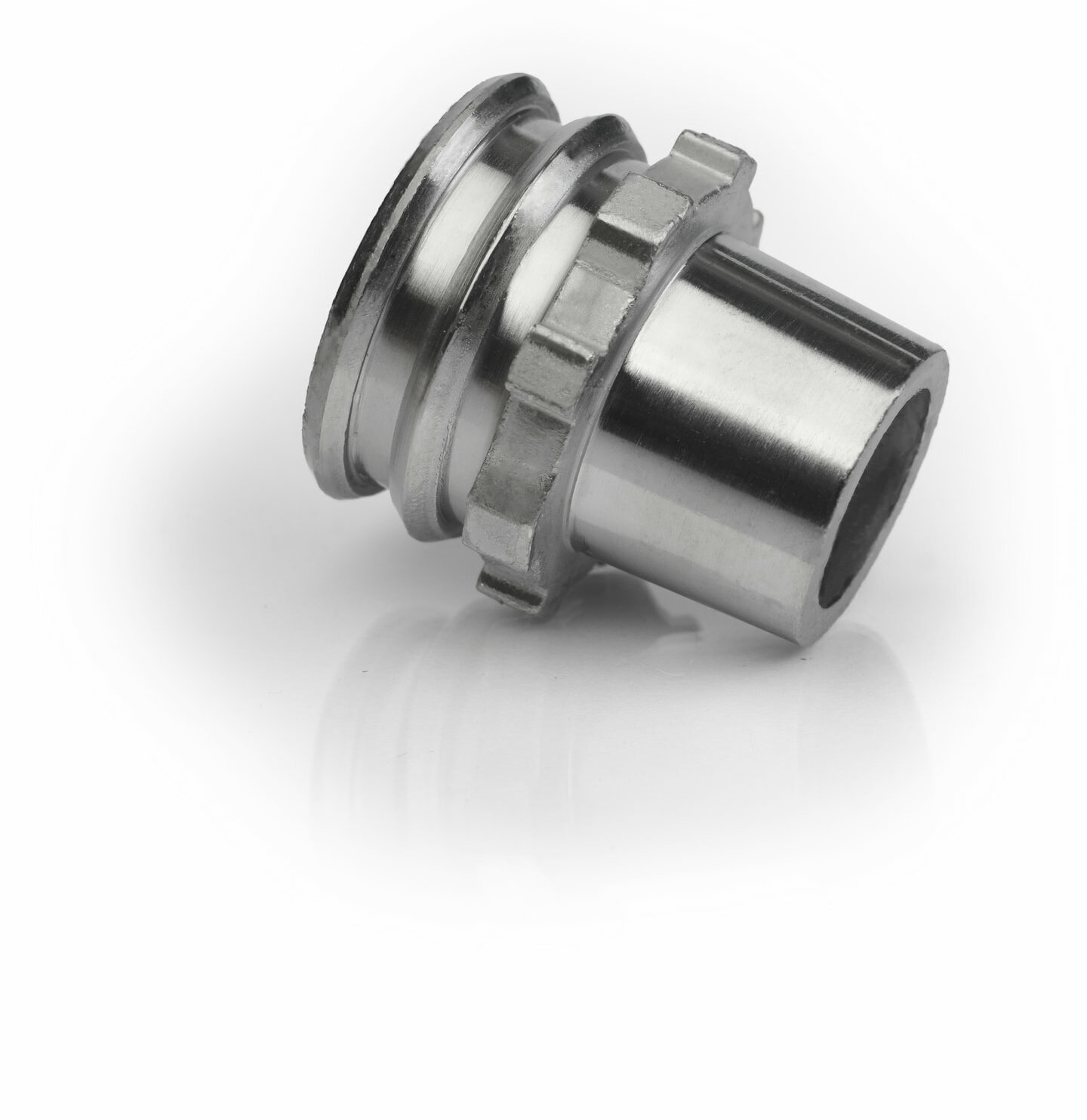 Silver shining battery bushing for medium and heavy-duty trucks lying on the side with in front of white background